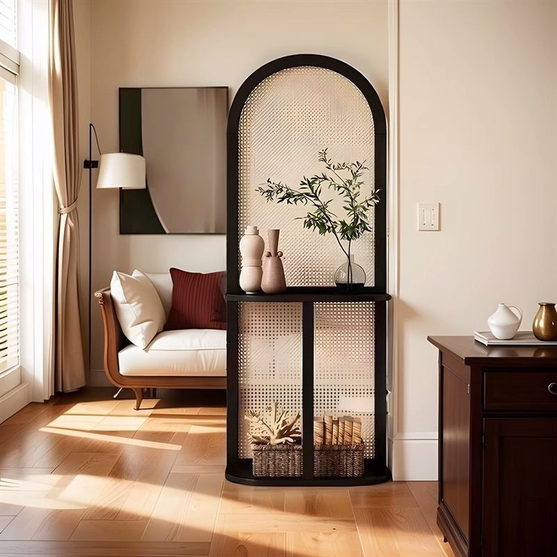 パーテーション アーチ型編み込み木製パーテーション棚付き