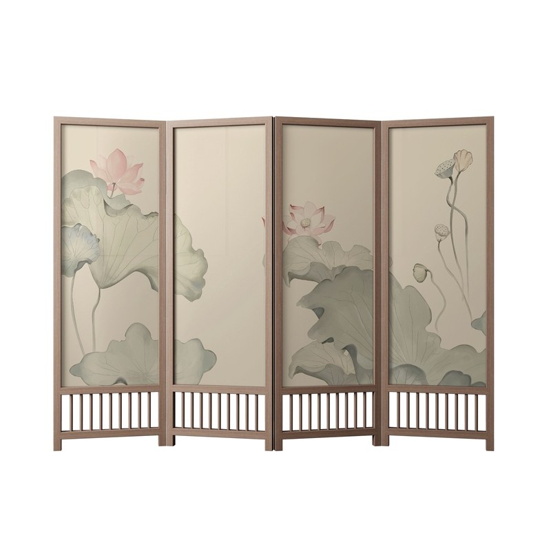 パーテーション 蓮の花柄和風木製四連衝立