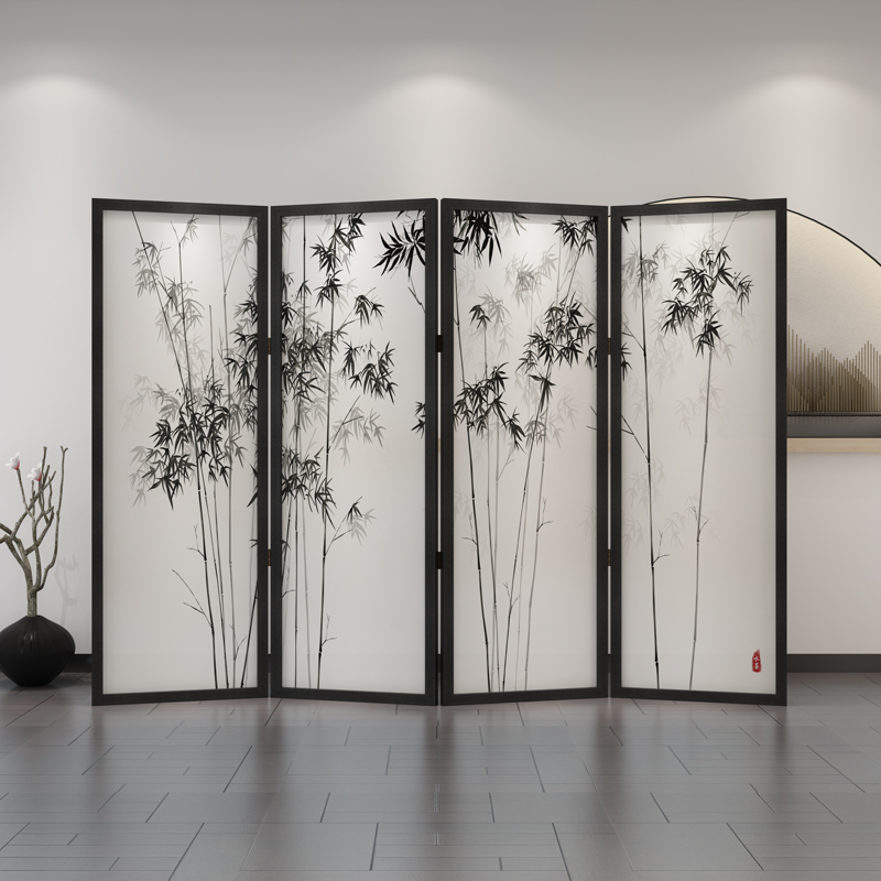 パーテーション 竹林水墨画折りたたみ式木製間仕切り屏風