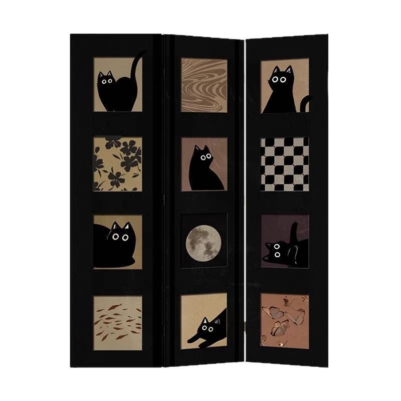 パーテーション 黒猫と月夜のデザイン四連折りたたみ式間仕切り
