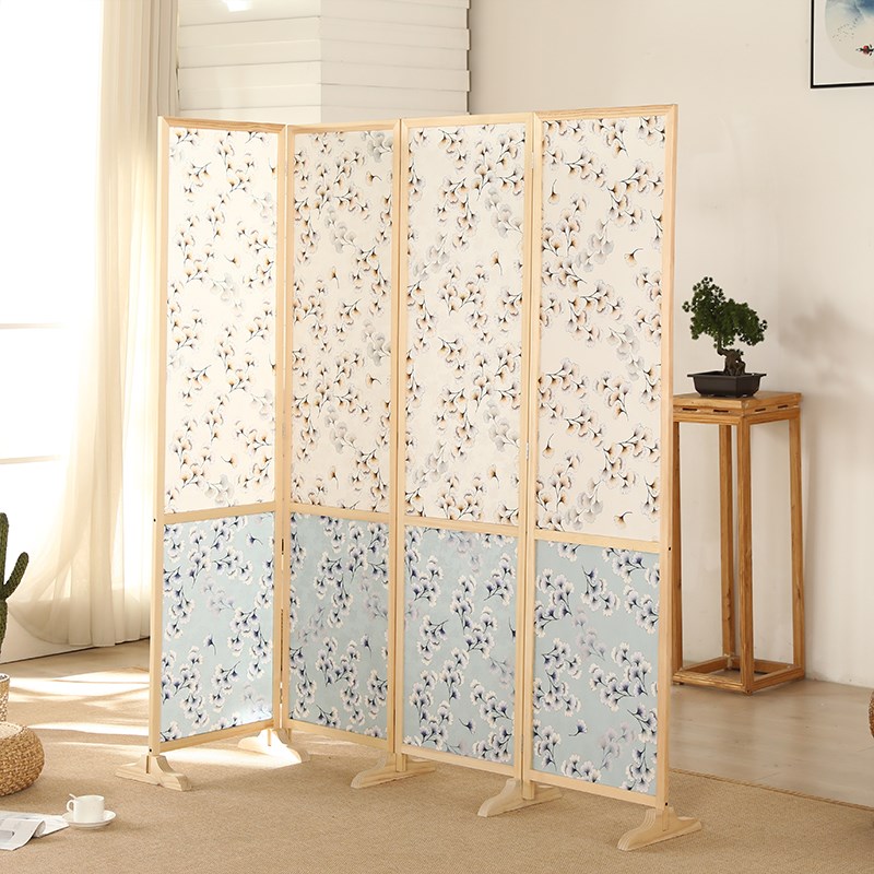 パーテーション 小花柄布地の木製折りたたみ間仕切り四連