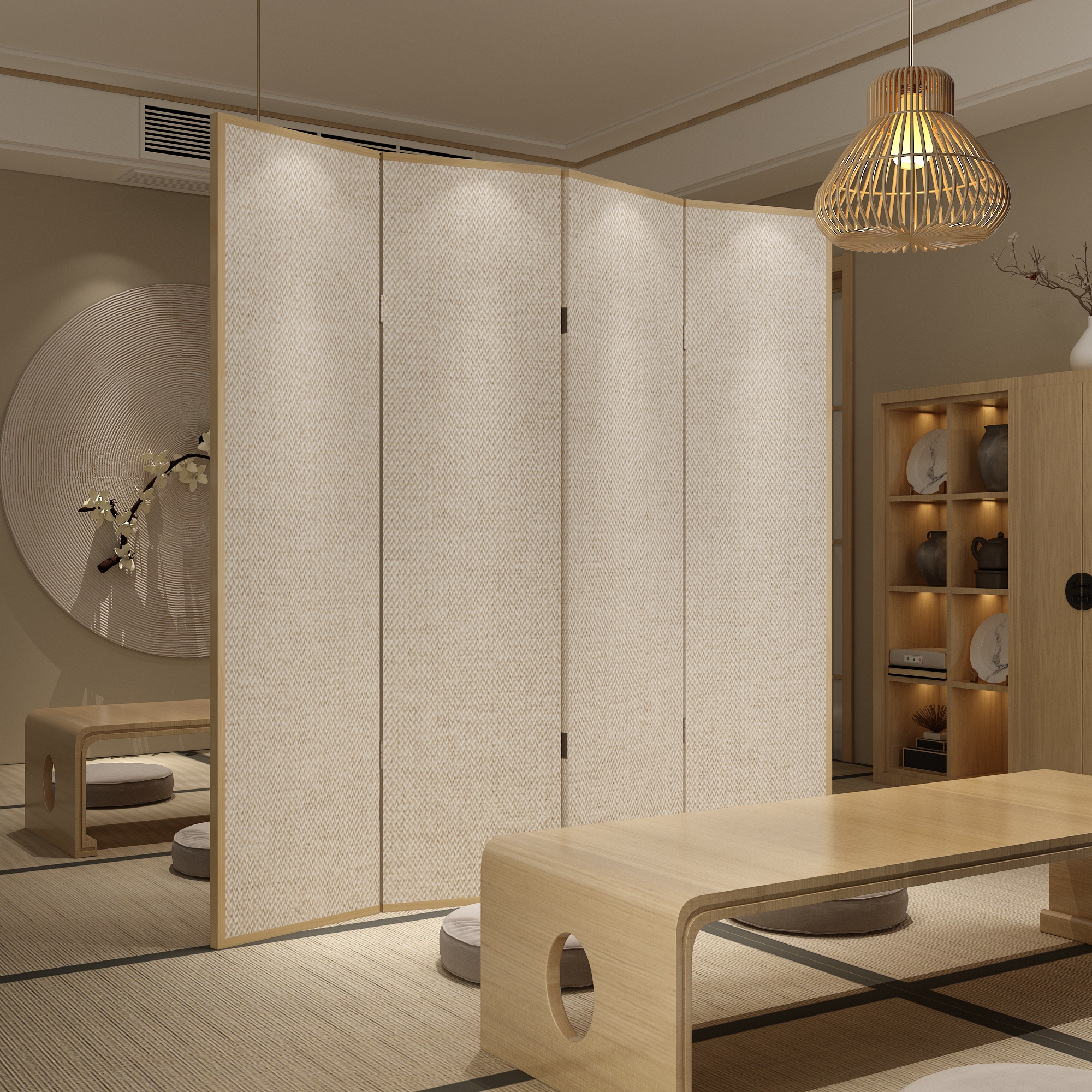 パーテーション 天然木枠編み込み格子柄五連折りたたみ間仕切り