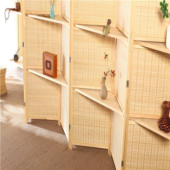 パーテーション 天然木フレーム編み込み棚付き六連折りたたみ衝立