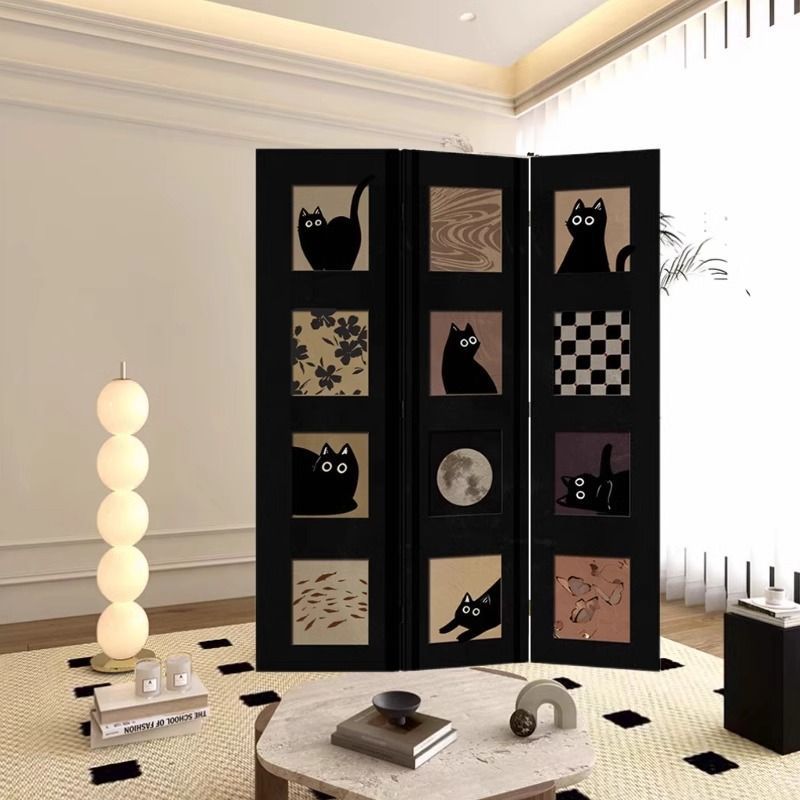 パーテーション 黒猫と月夜のデザイン四連折りたたみ式間仕切り