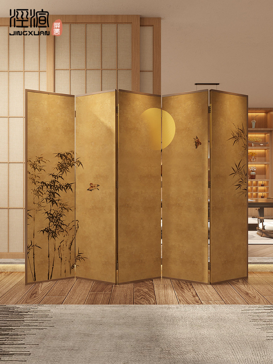 パーテーション 月夜の竹林図屏風式木製衝立パーテーション