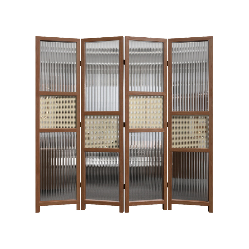 パーテーション 縦溝模様ガラスと編み込み装飾の四連折り畳み式間仕切り