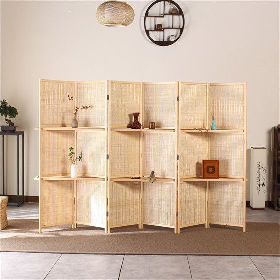 パーテーション 天然木フレーム編み込み棚付き六連折りたたみ衝立