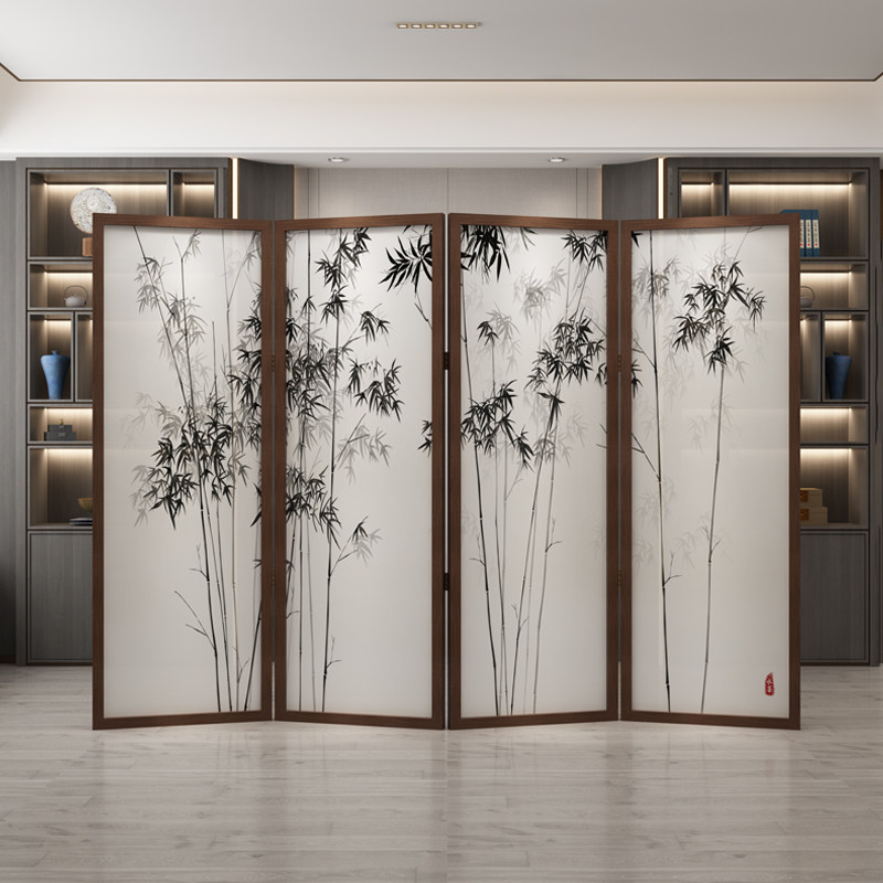 パーテーション 竹林水墨画風木製折りたたみ式間仕切り衝立