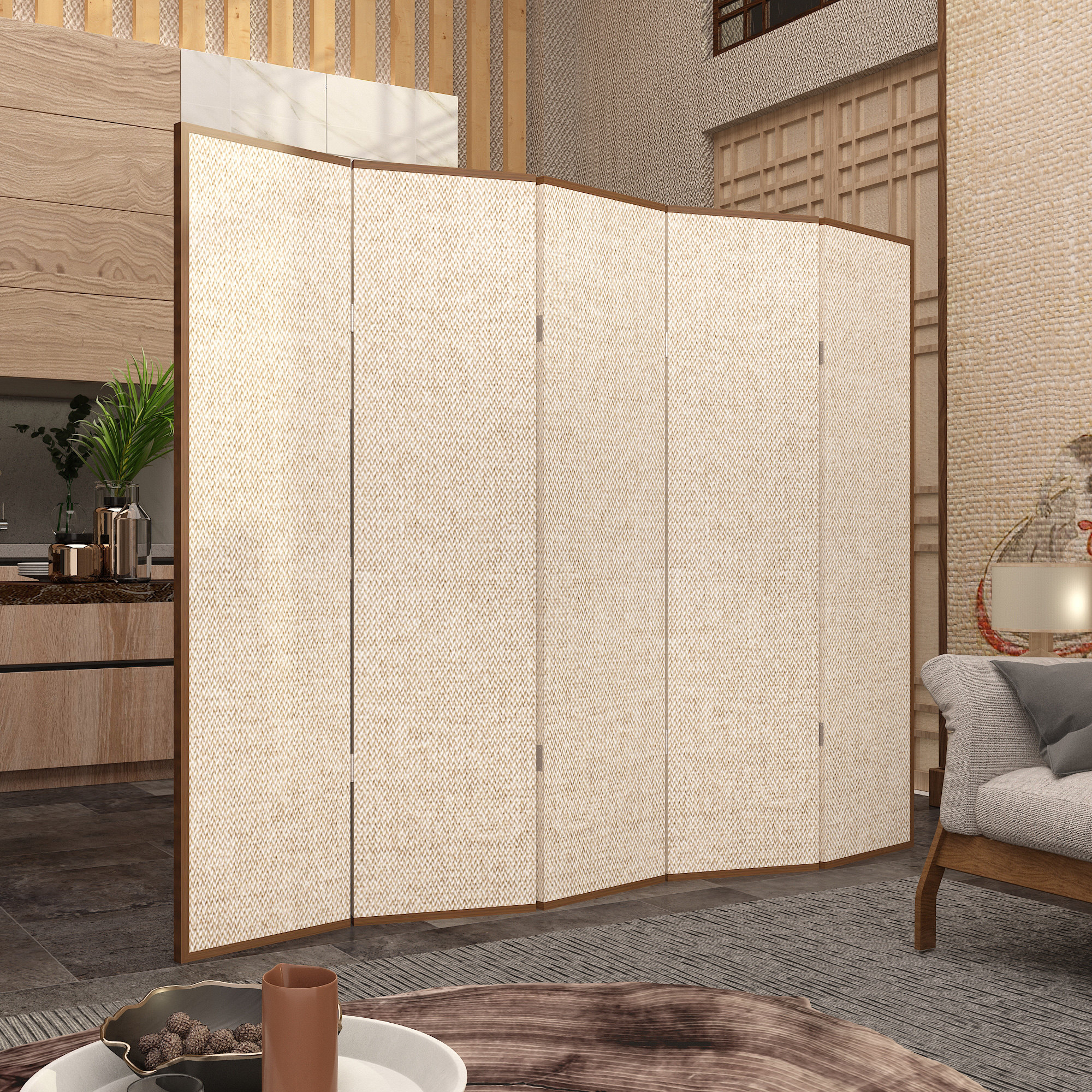 パーテーション 編み込み模様の木製折りたたみ間仕切り