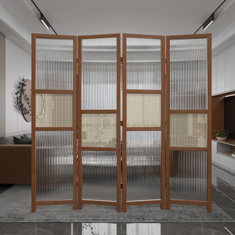 パーテーション 縦溝模様ガラスと編み込み装飾の四連折り畳み式間仕切り