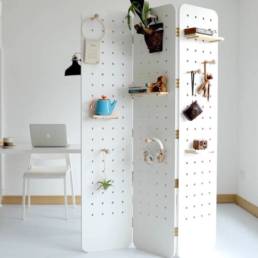 パーテーション 多機能収納付き木製棚板パーテーション三連衝立