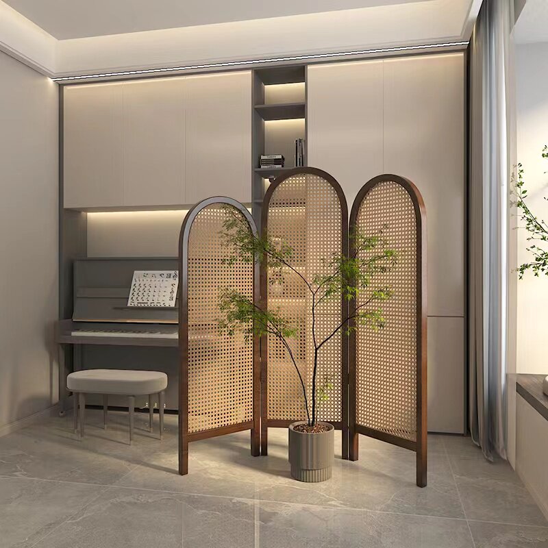 パーテーション 天然木フレーム三連アーチ型編み込みパーテーション