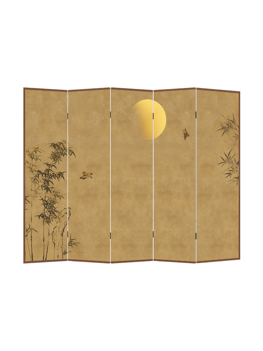 パーテーション 月夜の竹林図屏風式木製衝立パーテーション