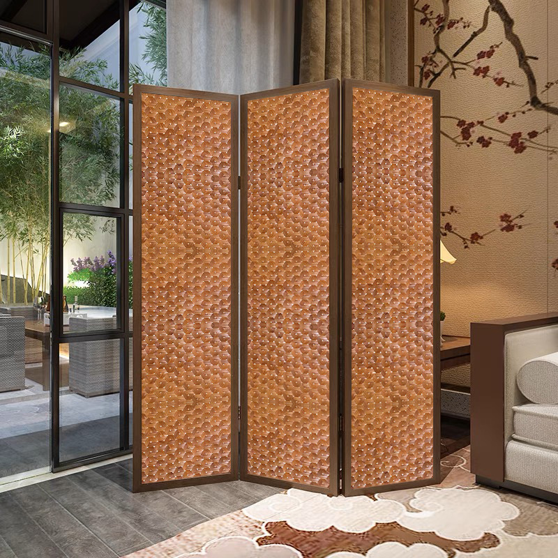 パーテーション 天然木枠編み込み三連折りたたみ式間仕切り