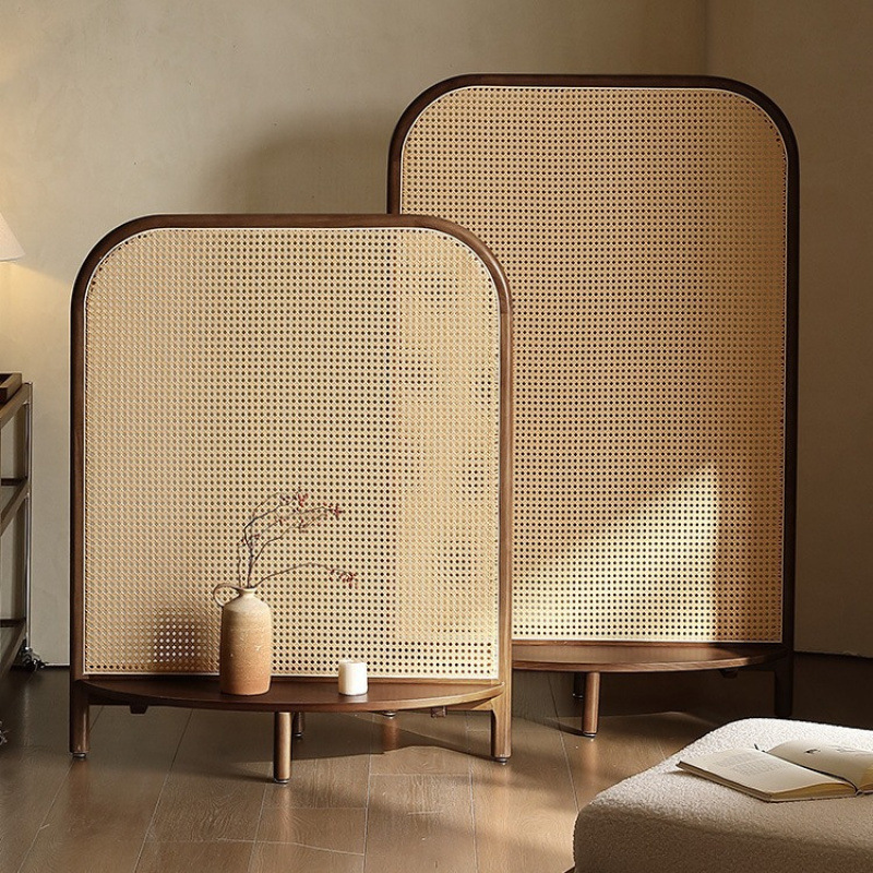 パーテーション 天然木フレーム籐編み自立式間仕切りパーテーション