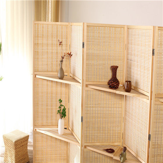 パーテーション 天然木フレーム編み込み棚付き六連折りたたみ衝立