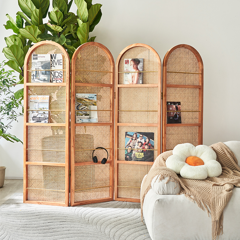 パーテーション 木製フレーム籐編み四連折りたたみ式間仕切り