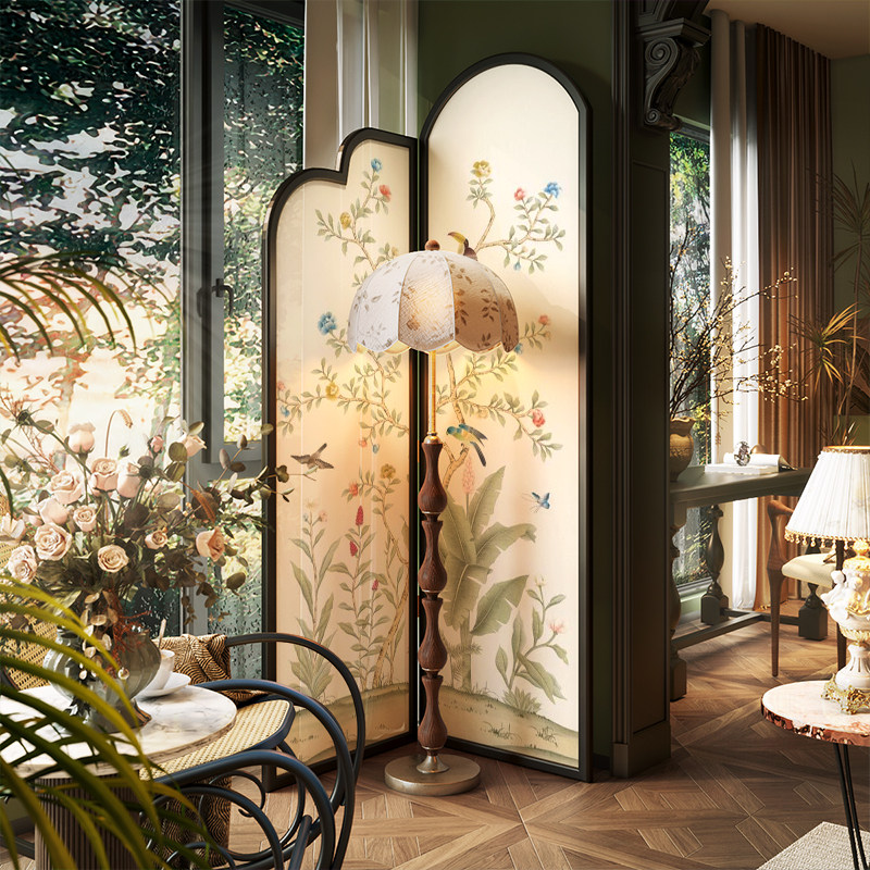 パーテーション 花鳥風月木製アーチ型三連装飾パーテーション