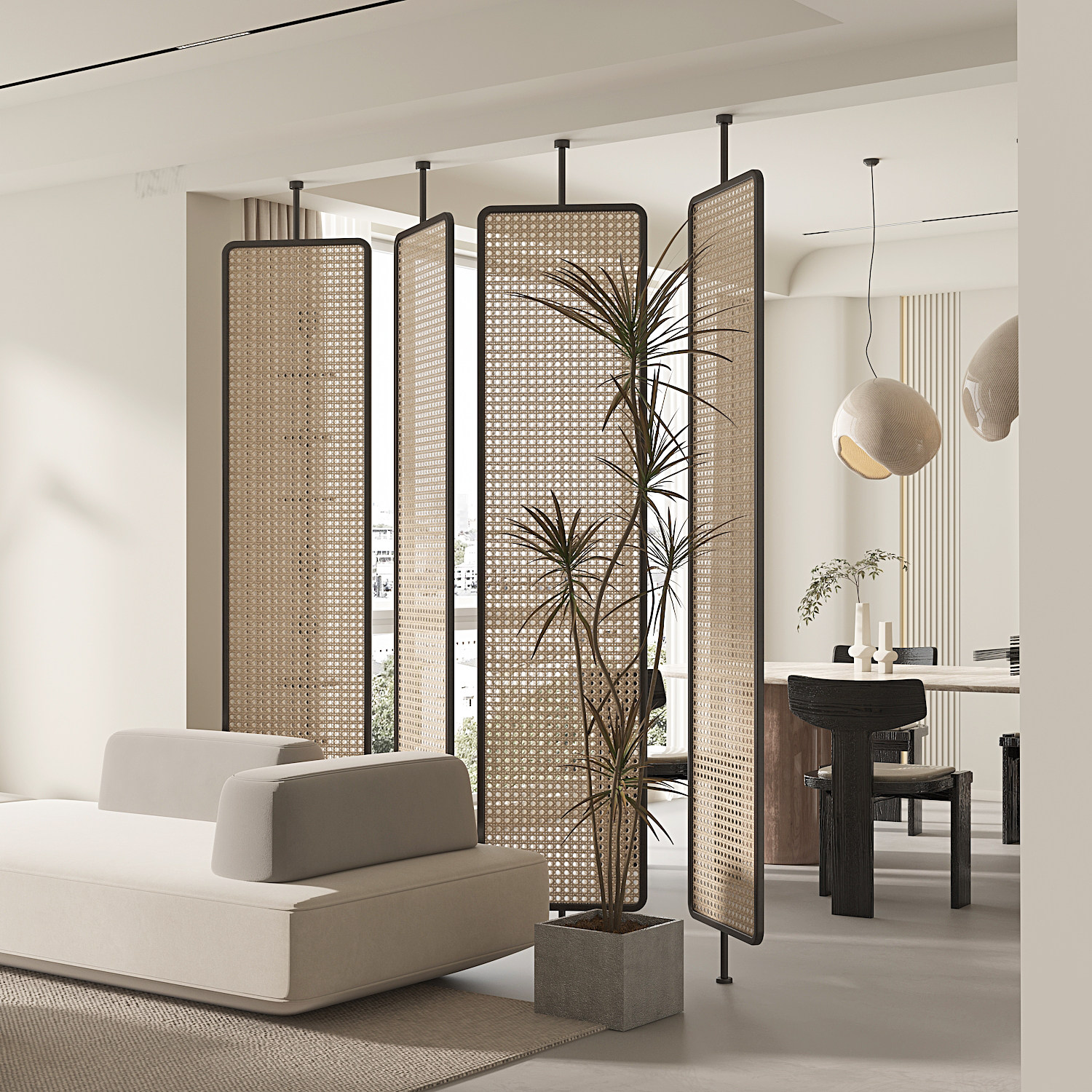 パーテーション 籐編み天井突っ張り式間仕切りパネル四連