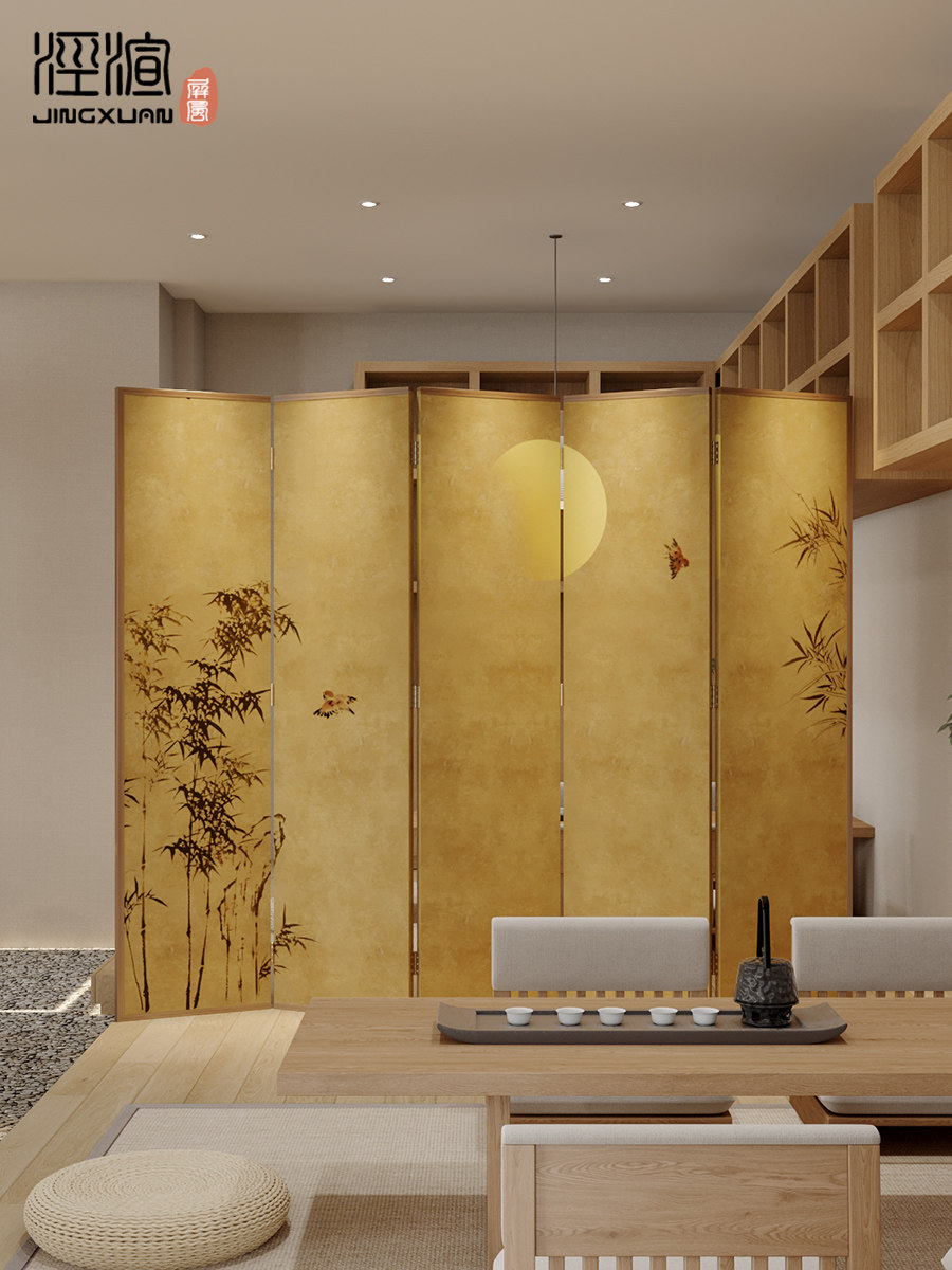 パーテーション 月夜の竹林図屏風式木製衝立パーテーション