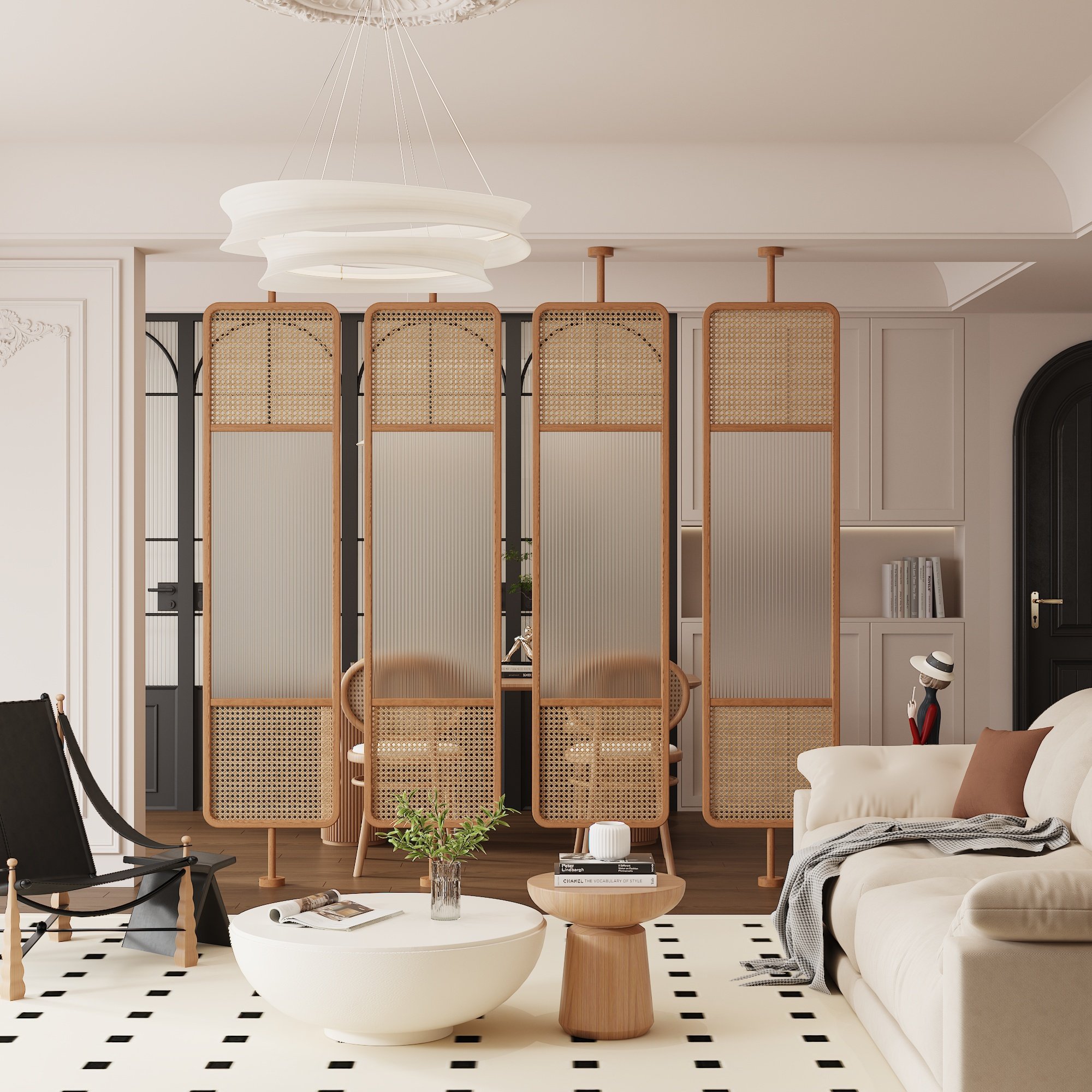 パーテーション 籐編みと型板ガラス組合せ突っ張り式間仕切り