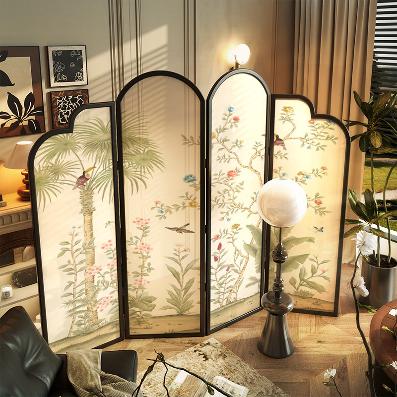 パーテーション 花鳥風月木製アーチ型三連装飾パーテーション