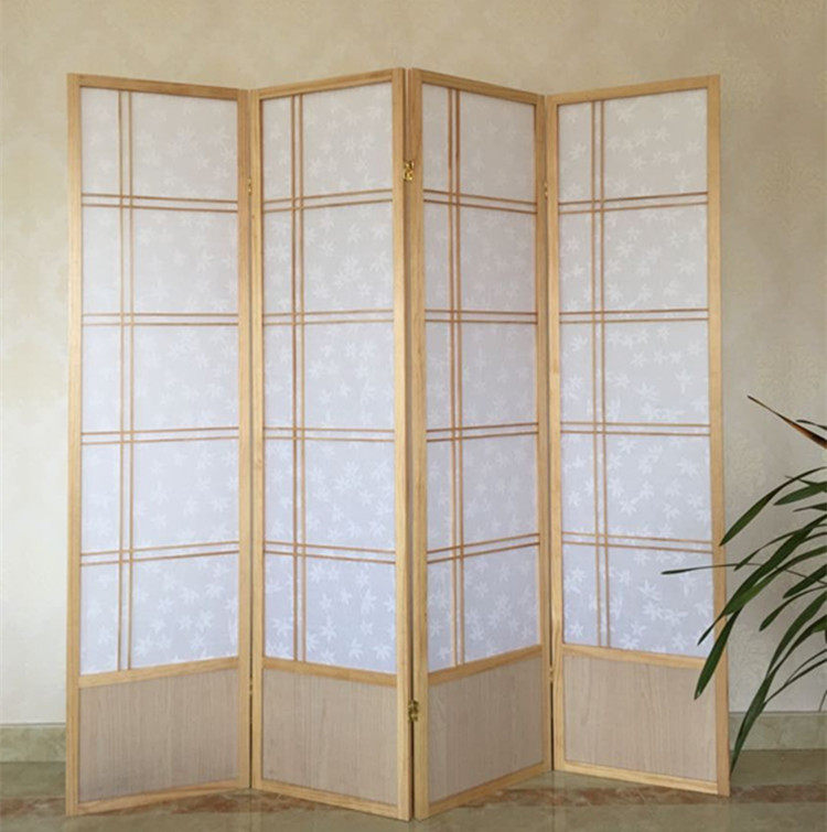パーテーション 和風格子デザイン四曲木製折りたたみ間仕切り