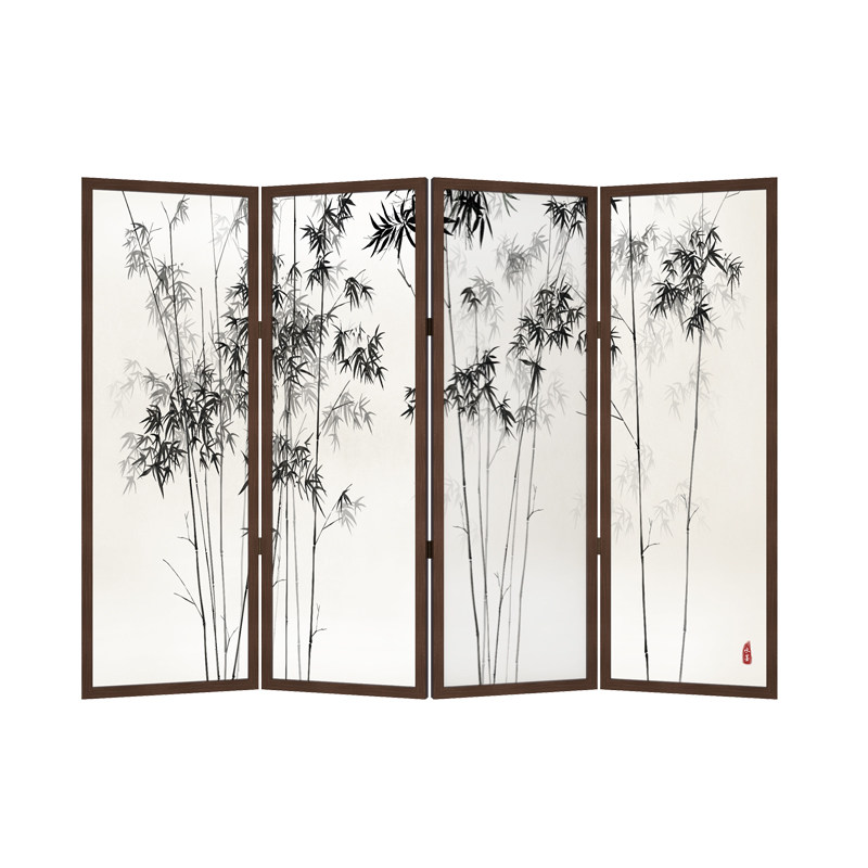 パーテーション 竹林水墨画風木製折りたたみ式間仕切り衝立