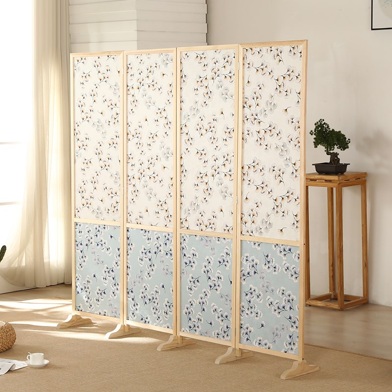 パーテーション 小花柄布地の木製折りたたみ間仕切り四連