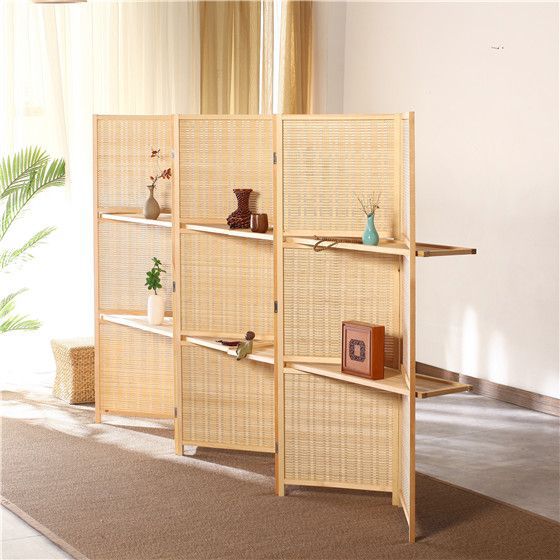 パーテーション 天然木フレーム編み込み棚付き六連折りたたみ衝立