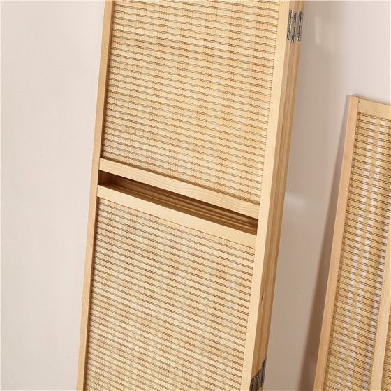 パーテーション 天然木フレーム編み込み棚付き六連折りたたみ衝立