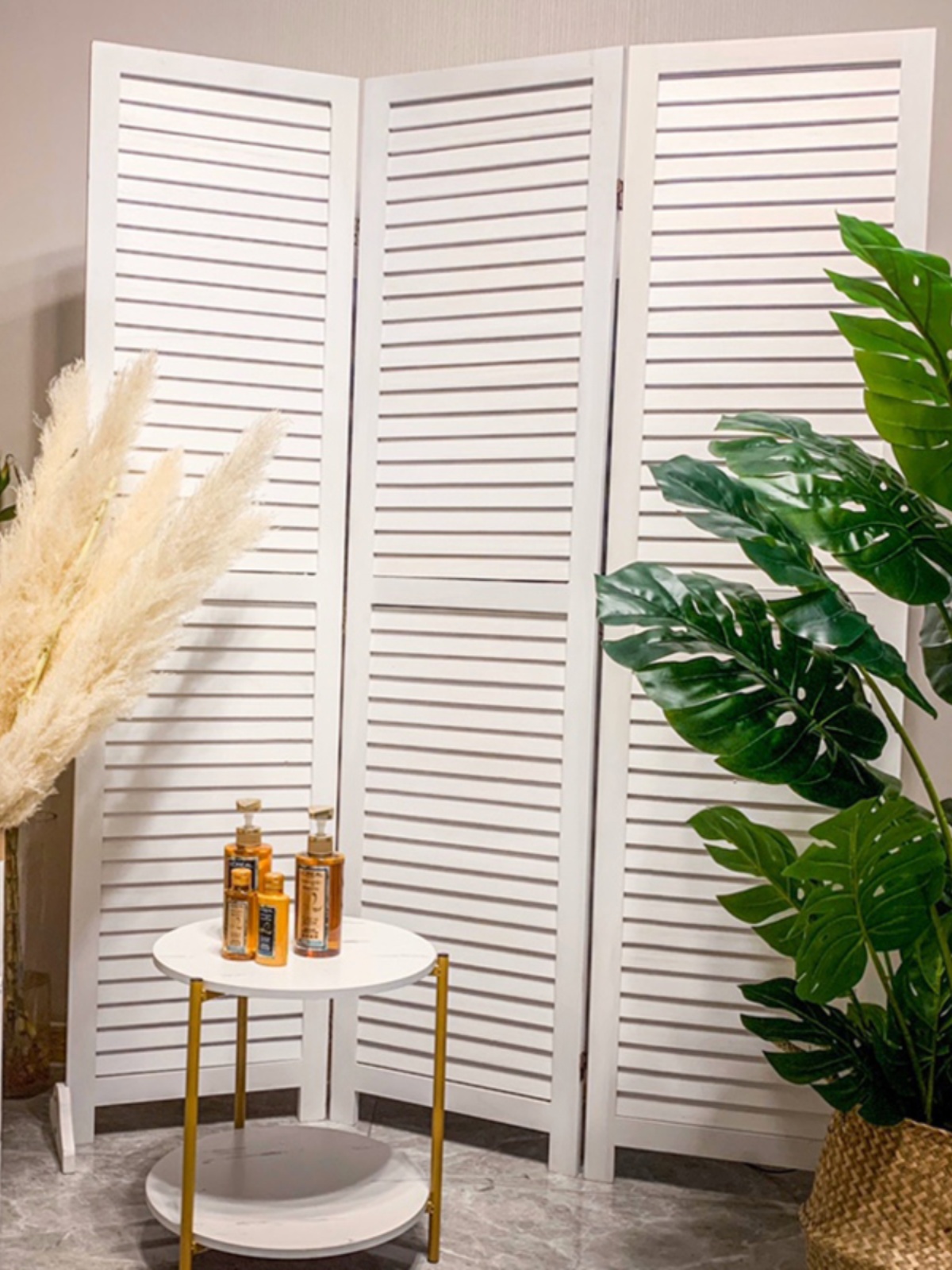 パーテーション 天然木製ルーバー式四連折りたたみ間仕切り