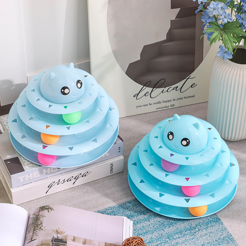 猫 おもちゃ 可愛い怪獣顔付き四段回転タワー型猫用ボール遊び