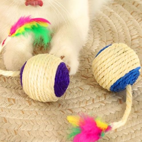 猫 おもちゃ もふもふ羽根付き カゴ編みじゃらし