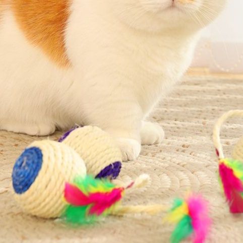 猫 おもちゃ もふもふ羽根付き カゴ編みじゃらし
