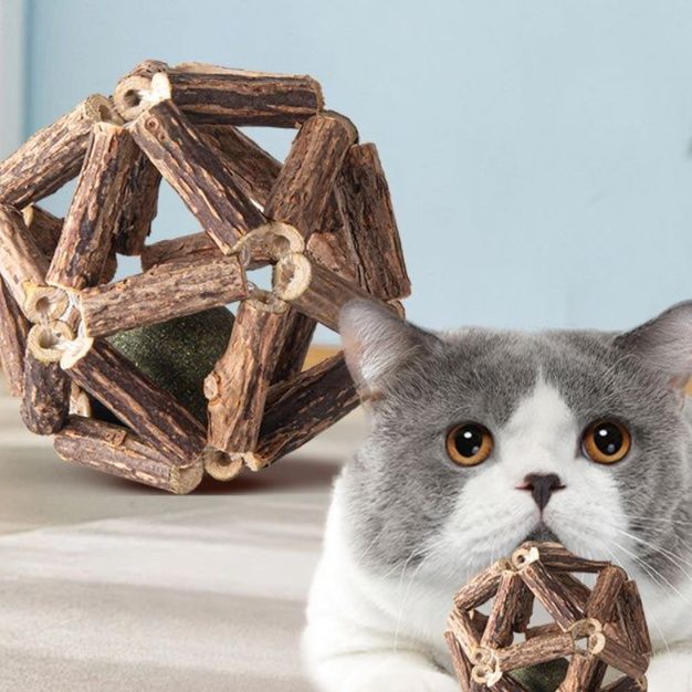 猫 おもちゃ 天然木製ボール型 歯みがき猫じゃらし
