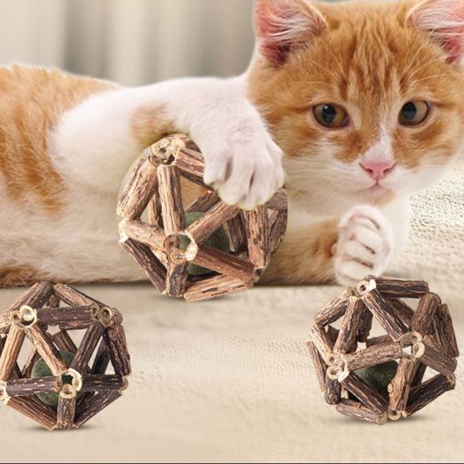猫 おもちゃ 天然木製ボール型 歯みがき猫じゃらし
