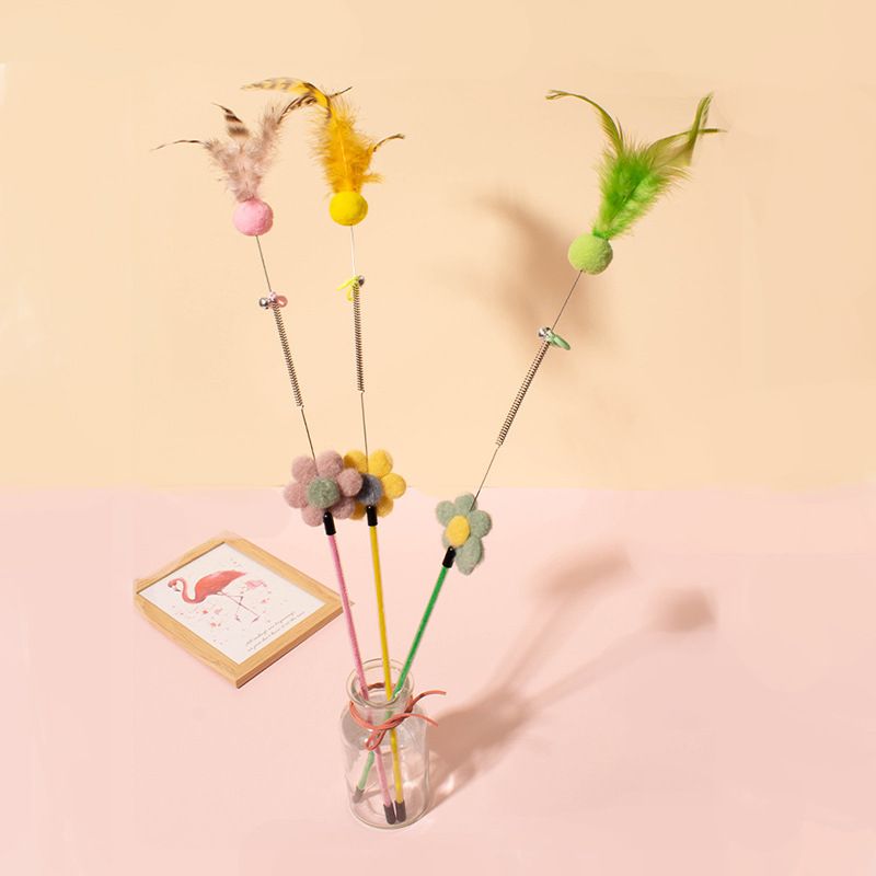 猫 おもちゃ お花の羽根付き伸縮じゃらし棒