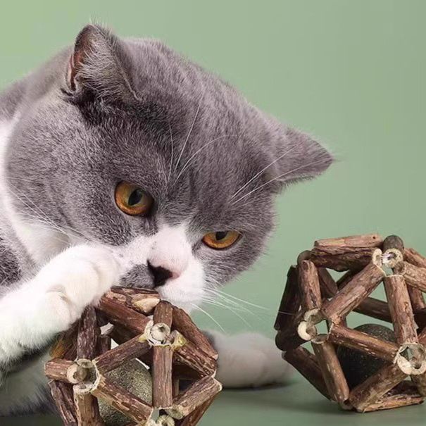 猫 おもちゃ 木製ボール型 天然素材の猫ちゃん遊び球