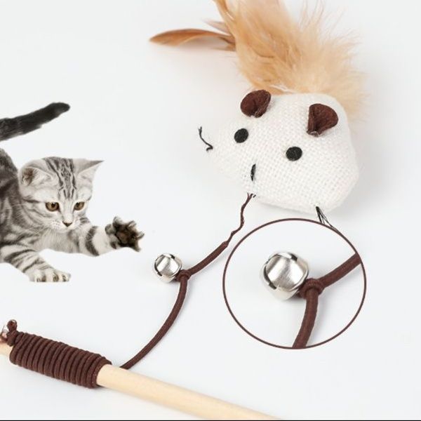 猫 おもちゃ 天然羽付き棒振りネズミ玩具