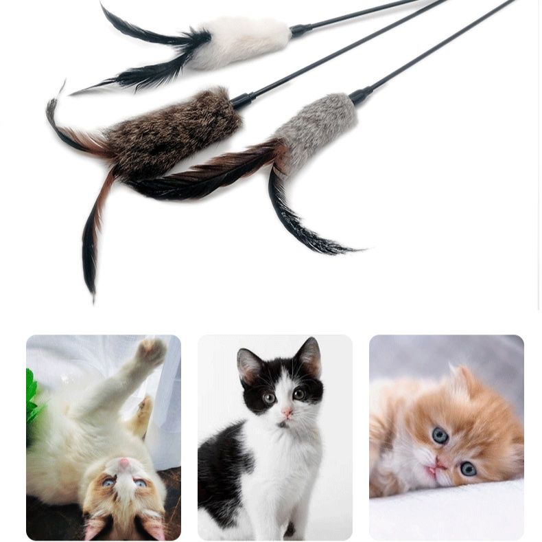 猫 おもちゃ ふわふわファー付き羽根猫じゃらし三本組