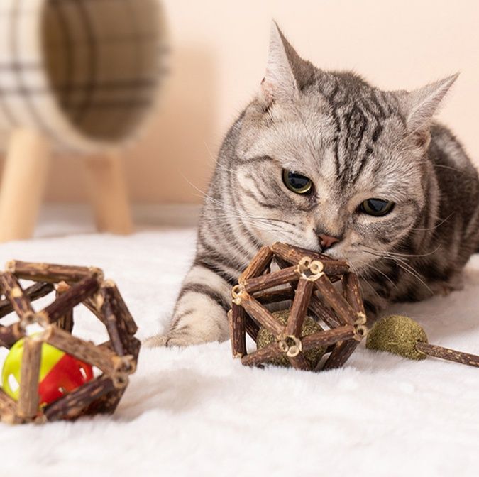 猫 おもちゃ 天然木蔦編みボール型歯磨きおもちゃ