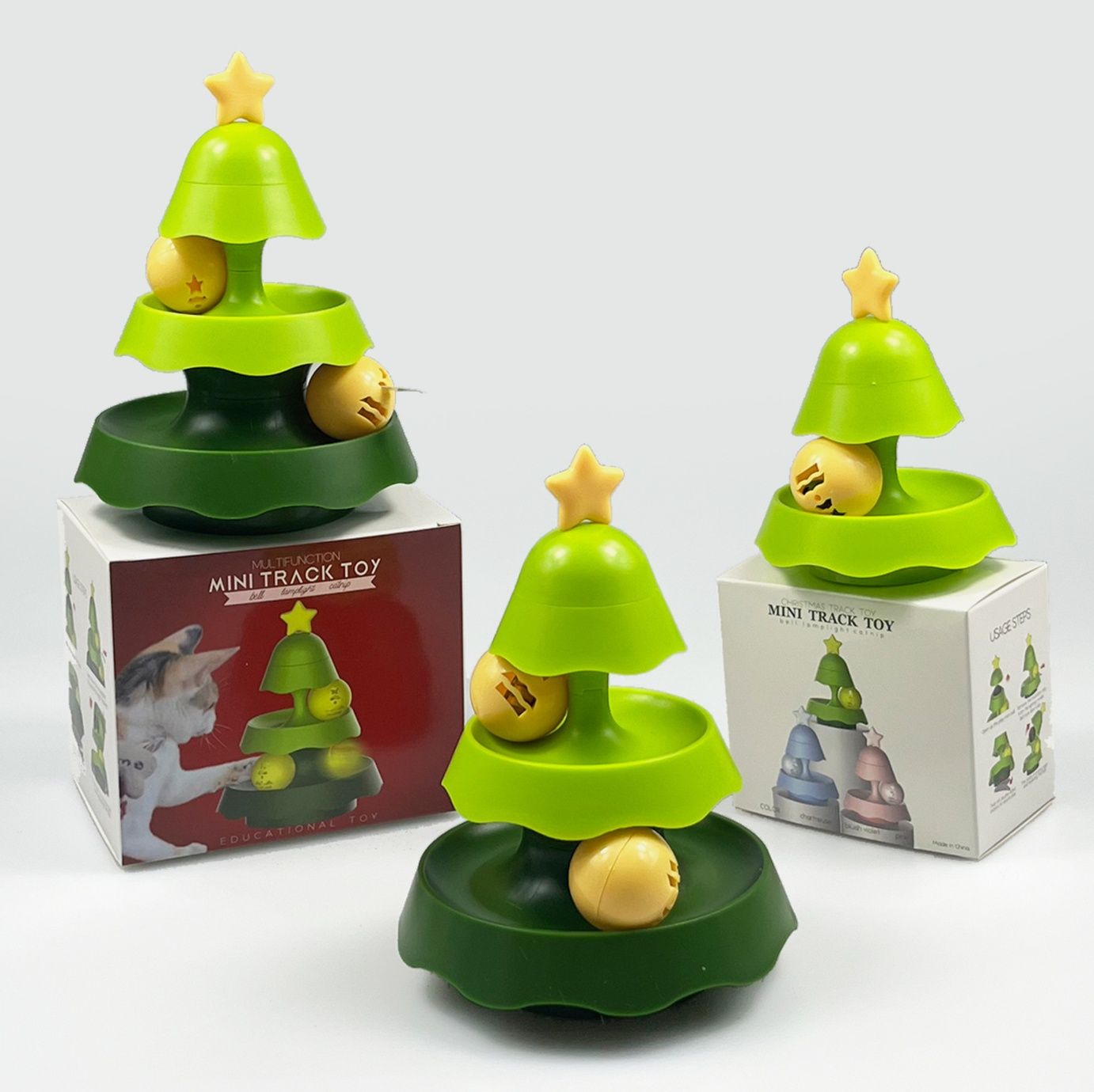 猫 おもちゃ 星飾り付き螺旋型回転ボール遊び塔