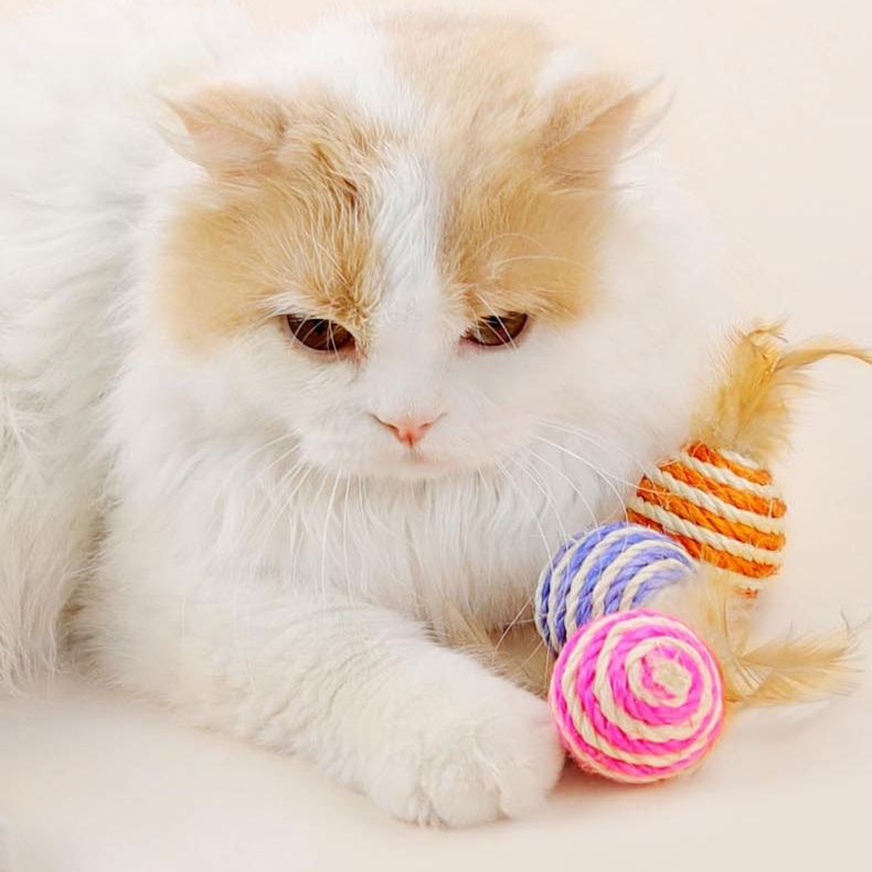 猫 おもちゃ 羽毛付き剣麻ボール猫じゃらし