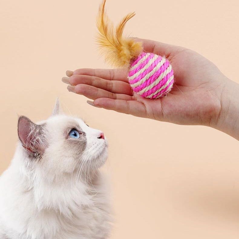 猫 おもちゃ 羽毛付き剣麻ボール猫じゃらし