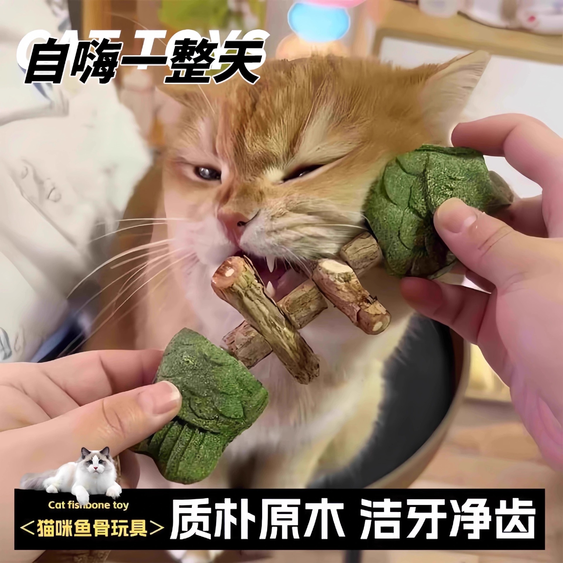 猫 おもちゃ またたび配合 魚の骨型天然木かじりおもちゃ