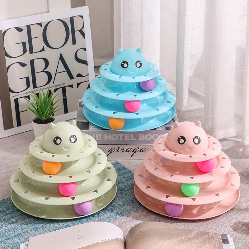 猫 おもちゃ 可愛い怪獣顔付き四段回転タワー型猫用ボール遊び