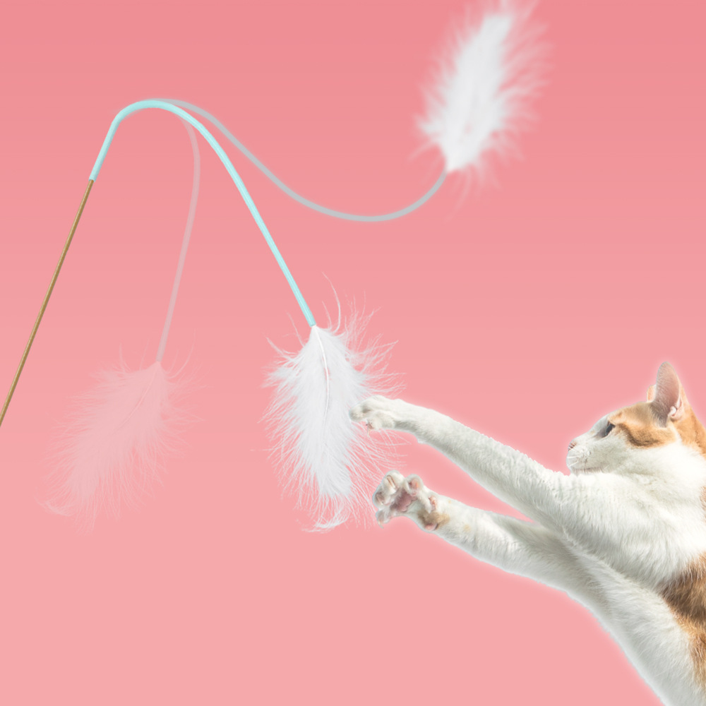 猫 おもちゃ ふわふわ羽根付き紐型猫じゃらし