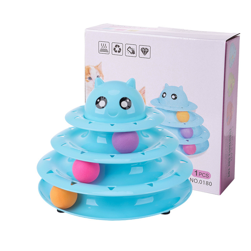 猫 おもちゃ 可愛い怪獣顔付き四段回転タワー型猫用ボール遊び