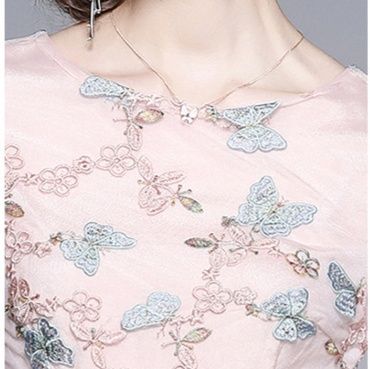 結婚式お呼ばれドレス 結婚式お呼ばれドレス 花刺繍チュール重ね 七分袖チュニックドレス